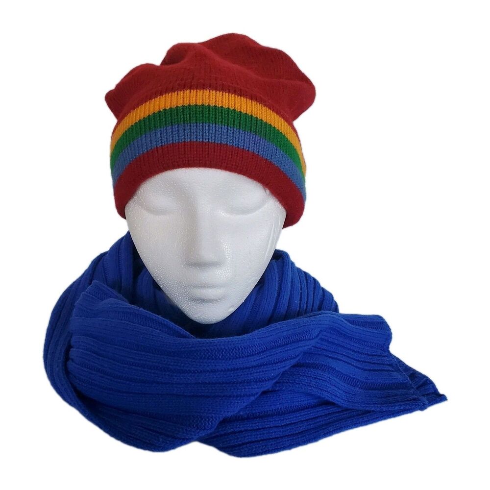 New VTG Wool Beanie Multi Stripe Hat & Chunky Cable Gitano Scarf 9" x 60" Unisex